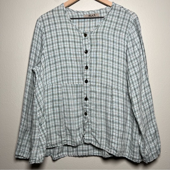 Flax Tops - Flax Women 100% Linen Top Small Green Plaid Long Sleeve Buttons Coastal Lagenloo
